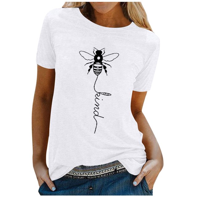 JIRNDf Hauts d'Été pour Femmes T-Shirts Tendance Imprimé Floral Col Rond Manches Courtes Décontracté Confortable Élégant Mignon Graphique Tees pour Femmes Chemises Blanc L