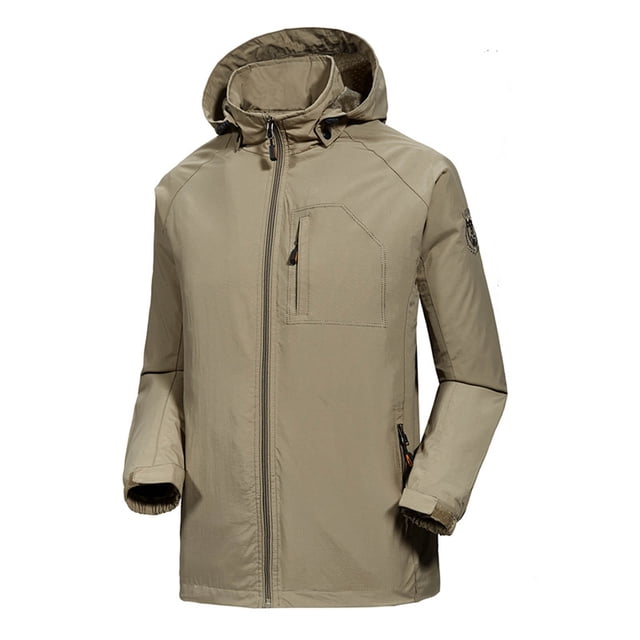 Pisexur Men's Tactical Jacket Stretch Waterproof-Breathable Rain Jacket in beige color. Features a soft shell design with windproof and water-resistant properties, front zipper closure, adjustable hood, and two zippered pockets. Made from durable, scratch-resistant polyester fabric, ideal for outdoor activities and casual wear.