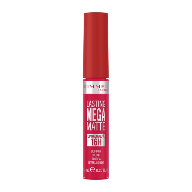 Rimmel Lasting Mega Matte liquid lipstick in vibrant red with a matte red cap, providing up to 16 hours of long-lasting matte lip colour in a 7.4 ml (0.25 fl oz) tube, enriched with squalene and coconut oil for hydrating, comfortable wear.
