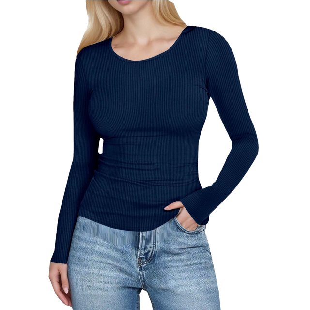 Hauts Ajustés Côtelés d'Automne - T-Shirt à Col Rond à Manches Longues Extensible, Décontracté, Basique pour Femmes