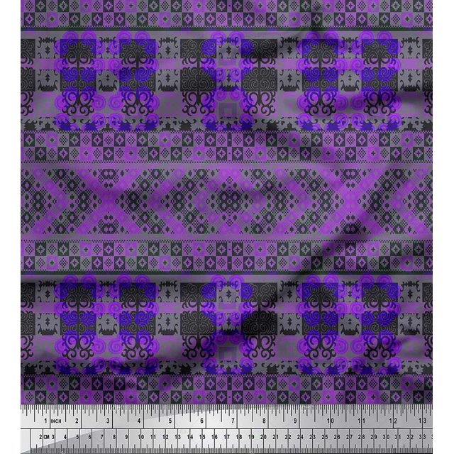 Soimoi Georgette Viscose Fabric Check & Damask Ethnic Printed Fabric 1 Yard 42 Inch Wide