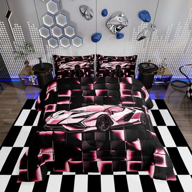 Erosebridal Pink Racing Car Bedding Sets King with Comforter, Neon Geometric Duvet Insert, Speed Sports Decor, Reversible