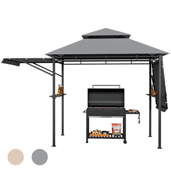 Gymax Auvent de Gril BBQ de Patio 13,5 Pieds x 4 Pieds Auvents Latéraux Étagères Auvent à 2 Niveaux Extérieur