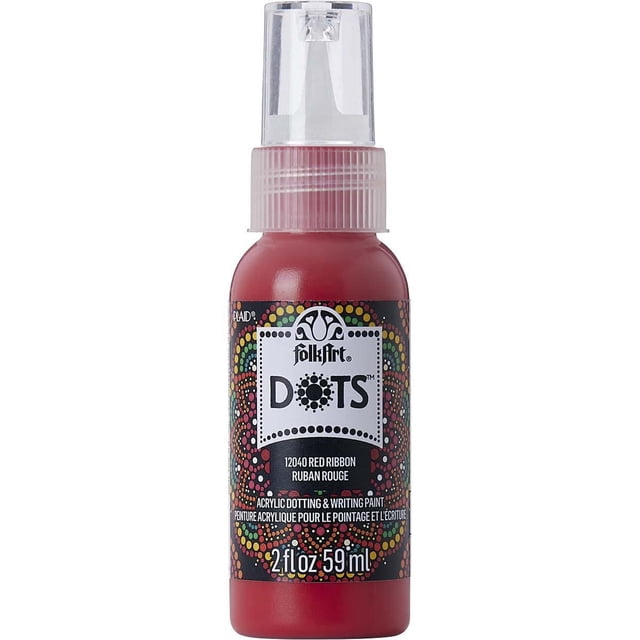 FolkArt Dots 2 fl oz Acrylic Paint in Red Ribbon, a 59 ml bottle with a fine writer tip for precise dotting and writing on glass, wood, ceramics, and more, featuring a satin finish and water-based, non-toxic formula suitable for indoor and outdoor crafts.
