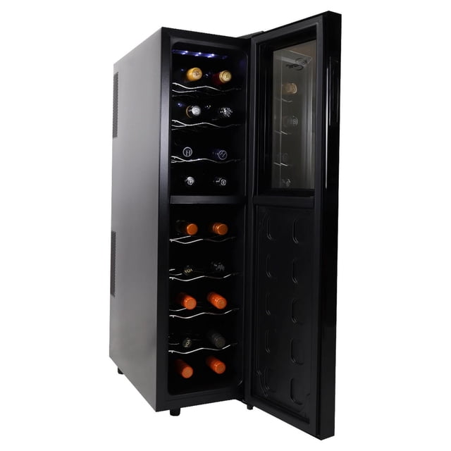 Koolatron 18 Bottle Slim Dual Zone Wine Cooler freestanding wine fridge with black matte finish and mirrored glass door open, showing two temperature zones with metal racks holding 18 assorted wine bottles, interior LED lighting, and UV protection for wine storage.