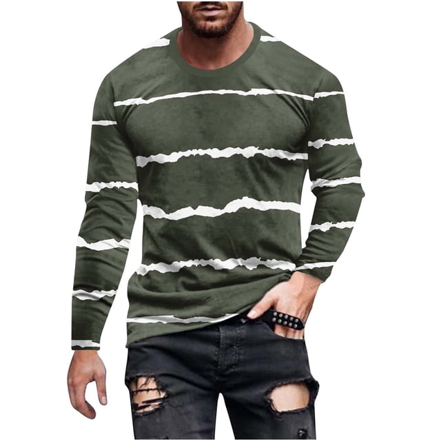 FAIWAD Long Sleeve Shirts for Men Striped Print Round Neck Tee Tops Comfort Workout Tunics Clothes