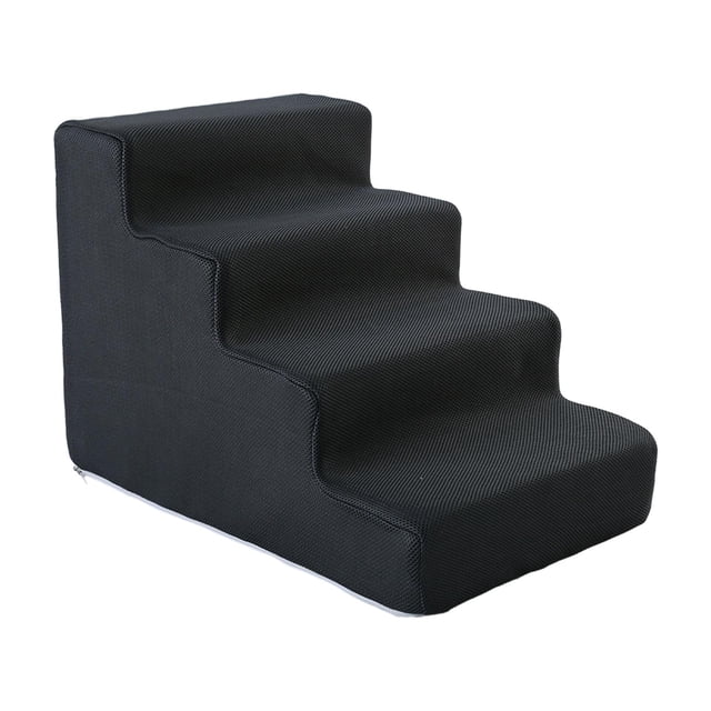 Dog Stairs Pet Steps Ramp Puppy Stairs Convenient Cat Stairs Dog Steps Removable 4 Steps Black. These pet stairs are designed for easy climbing, suitable for small dogs, puppies, and cats. Constructed with high-density sponge and a durable, scratch-resistant black fabric cover. Features an anti-slip bottom for stability and a removable, machine-washable cover with a zipper for convenience. Dimensions are approximately 37cm x 55cm x 40cm (14.57in x 21.65in x 15.75in).