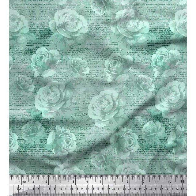 Soimoi Velvet Fabric Text,Leaves & Rose Flower Decor Fabric Printed Yard 58 Inch Wide