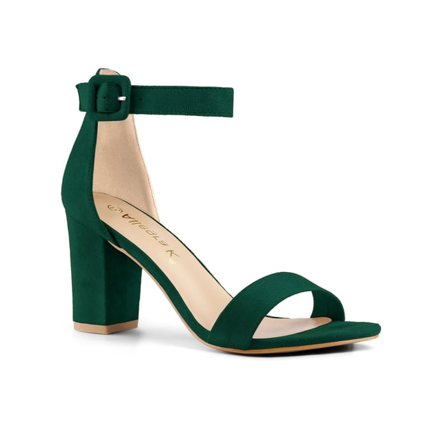 BLISSFUL STEP Women's Shoes Ankle Strap Block Heel Buckle Open Toe Sandals Green 7