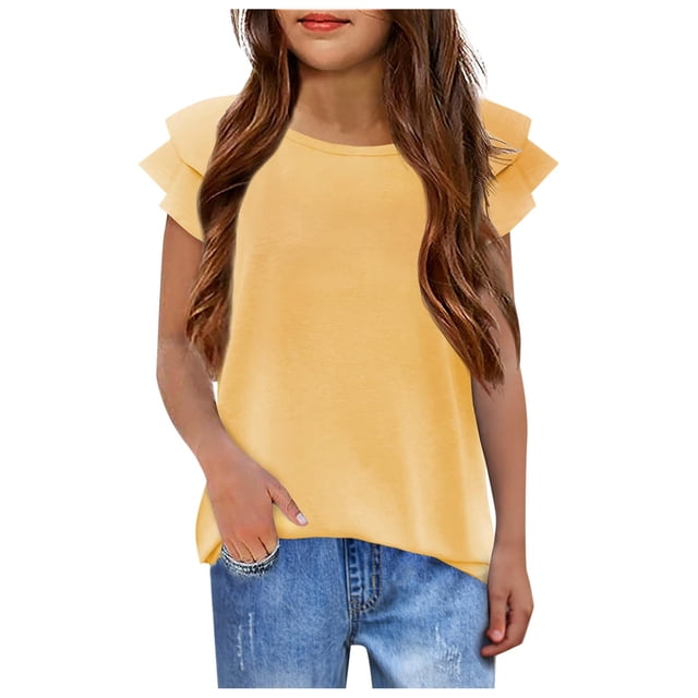 Kcodviy T-Shirts pour Filles T-Shirts à Bretelles Spaghetti Ondulés pour Filles Manches Été Col Rond Hauts Floraux T-Shirts à Manches Courtes pour Filles T-Shirts Décontractés Simples T-Shirt Uni Chandail pour Filles Chemises pour Filles
