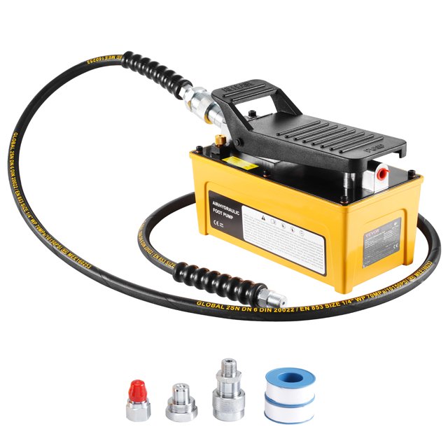VEVOR Air Hydraulic Pump Air Actuated Foot Pump with a maximum output pressure of 10,000 PSI, shown in a durable yellow casing with a black foot pedal. Includes a 2-meter reinforced oil hose, hermaphrodite connector, cross-over sub, and Teflon tape. Designed for heavy-duty tasks like lifting, pressing, and bending, it features easy controls for efficient operation. The pump is factory-filled with hydraulic oil and built with aerospace-grade aluminum for durability.