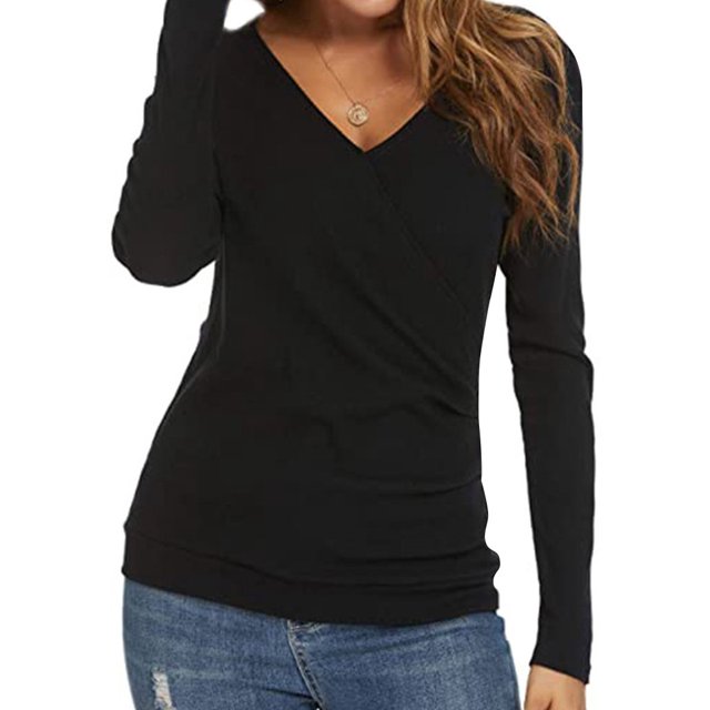 Women Wrap Front Side Buttons Long Sleeve V Neck Plain Shirt