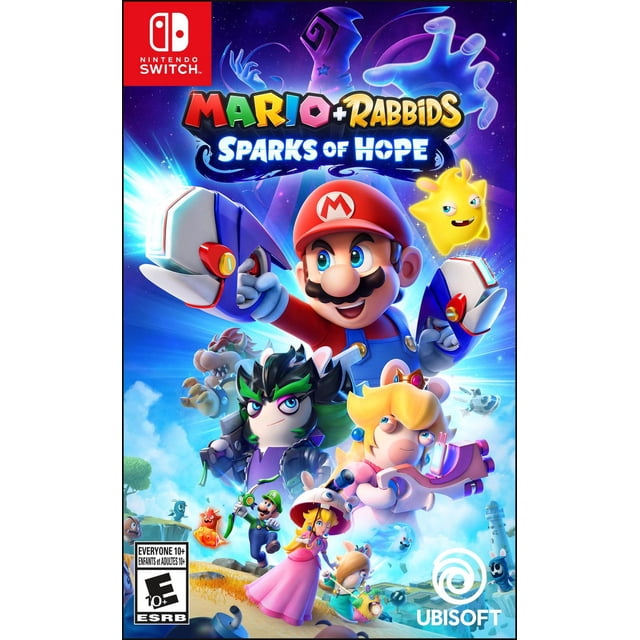 Mario + Rabbids Sparks of Hope (SWITCH) game cover featuring Mario equipped with robotic gauntlets, Rabbid Peach wearing a pink dress and crown, Rabbid Luigi, and a glowing yellow Spark companion, set against a vibrant cosmic background with planets and enemies, Ubisoft logo at the bottom right.