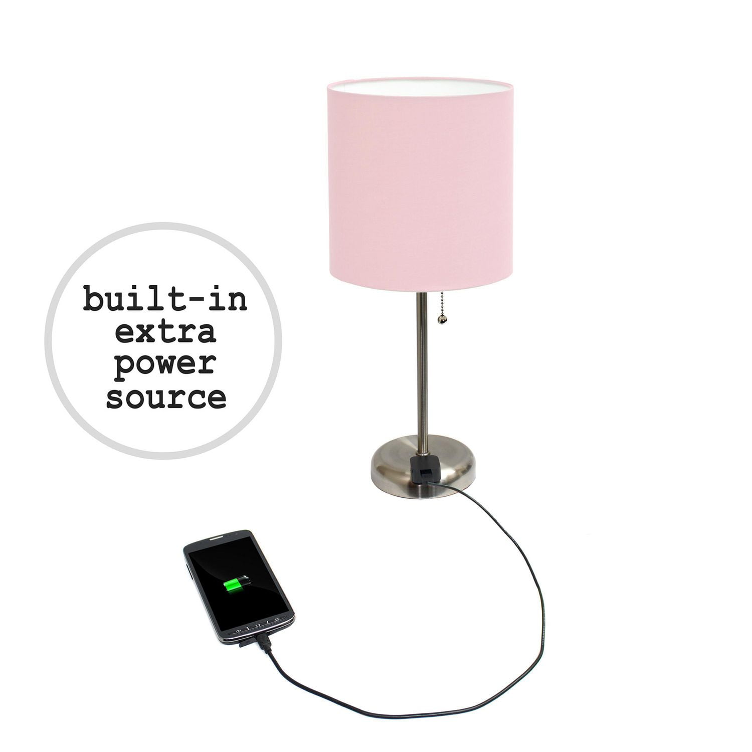 LimeLights Lampe bâton en acier brossé avec prise de charge et abat-jour en tissu, paquet de 2