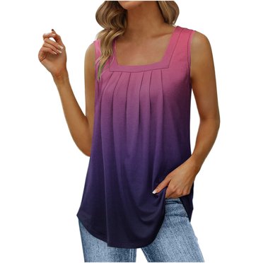 LSLJS Débardeurs pour Femmes Imprimé Dégradé Blouse à Encolure Carrée Confortable Ample Sans Manches T-shirt