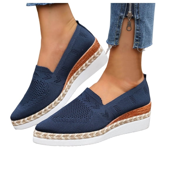 Dakaela Women's Platform Espadrilles Wedge Slip on Casual Shoes Breathable Mesh Knit Business Office Work Loafers Navy 9