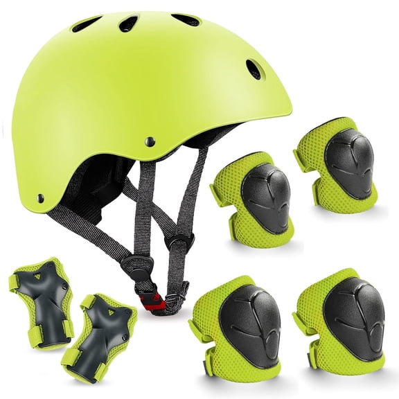 Casque de Vélo pour Enfants et Ensemble d'Équipement de Protection - Vert, 3 à 8 Ans, Garçons Filles, pour Planche à Roulettes Cyclisme Trottinette Patin à Roues Alignées