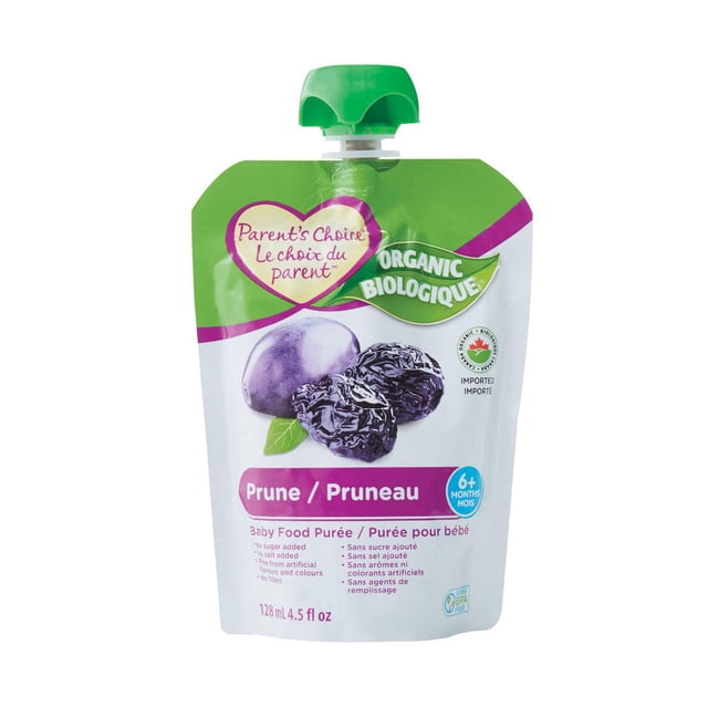 Parent's Choice Organic Prune Baby Food Purée pouch with green twist cap, featuring images of whole and dried prunes, suitable for babies 6 months and older, free from added sugar, salt, artificial flavours, colours, and fillers, 128 ml (4.5 fl oz).