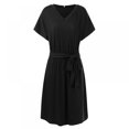 thumbnail image 1 of Femmes Mini Robe Taille Haute Manches Courtes Basique Robe Fluide Ample Ajustement V Cou Solide Couleur Ceinture Robe de Soirée, 1 of 9