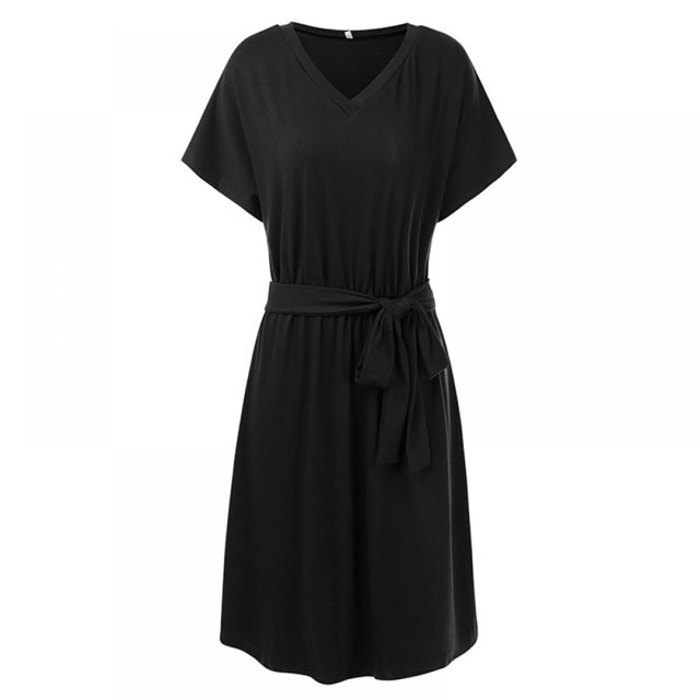 Femmes Mini Robe Taille Haute Manches Courtes Basique Robe Fluide Ample Ajustement V Cou Solide Couleur Ceinture Robe de Soirée