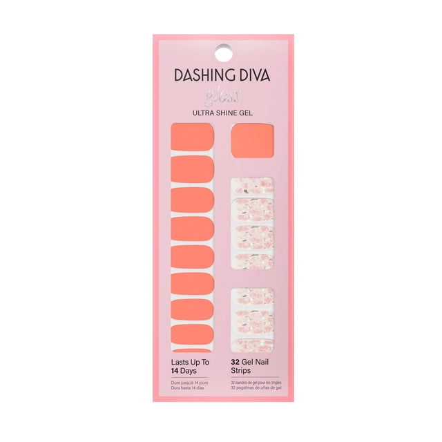 DASHING DIVA - GLOSS - Bandes pour Ongles Papaye Brise avec 32 Bandes gel ultra Brillantes en Papaye Unie orange et Motifs Pailletés Floraux, Offrant une Manucure Résistante aux Éclats et Sans Plis Durant jusqu'à 14 Jours avec une application Facile, Sans UV à Sec