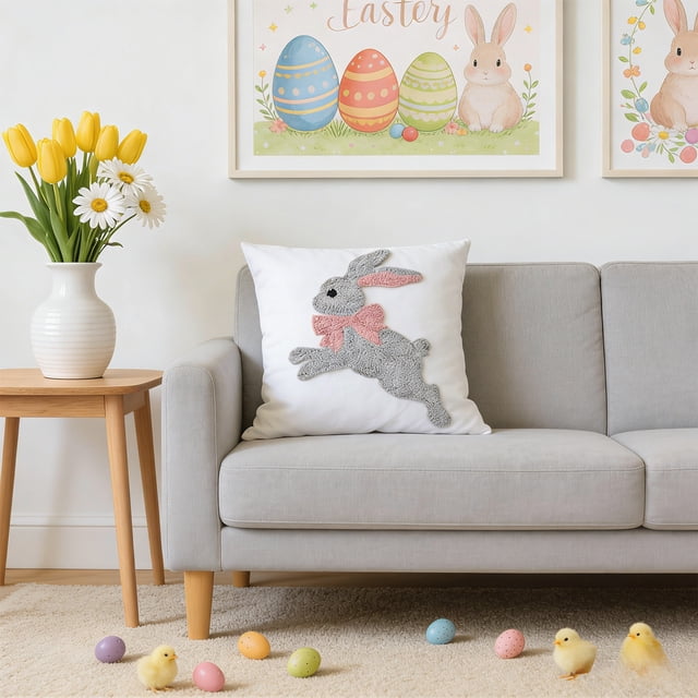 Weloille Easter Pillow Cover, Embroidered Rabbit Pattern Throw Pillowcase, Soft Breathable Linen Cushion Cover, Decorative Pillow Case for Sofa, Bedroom, Living Room Easter Decor