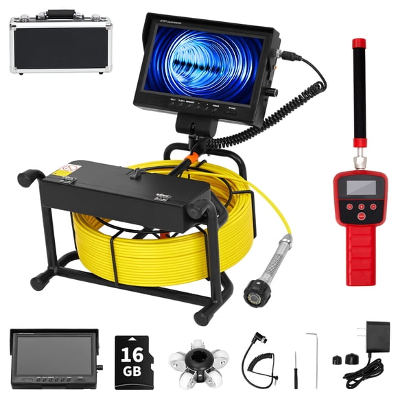 Sewer Inspection Camera – 9" 1080P – 23mm Stainless Lens & 512Hz Locator – Self-Leveling – IP68 Waterproof – 12 LEDs – DVR 16GB – 50m Cable – 12V Battery – Drain, Duct & Plumbing