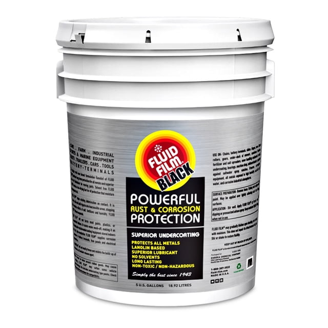 Fluid Film Rust And Corrosion Inhibitor PNASB Non-Paintable; 5 Gallon Pail; Black; Single. A large white pail with a black and yellow Fluid Film Black logo on the label, designed for rust and corrosion protection. The label highlights features such as superior undercoating, lanolin-based formula, no solvents, long-lasting, non-toxic, and non-hazardous properties. Suitable for protecting metal components from natural and industrial atmospheres.