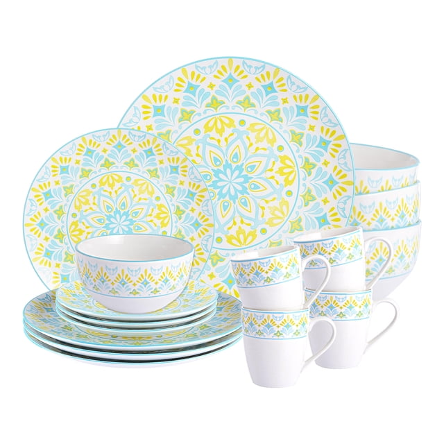 Ensemble de Vaisselle 16 Pcs, Service pour 4, Ensemble de Vaisselle Ronde en Porcelaine avec Imprimés Bicolores Jaunes et Bleus Élégants. Comprend 4 Assiettes à Souper, 4 Assiettes à Salade, 4 Bols et 4 Tasses, Fabriqué en Porcelaine Légère de Qualité Ab. Conception Empilable pour un Rangement compact, Convient au Congélateur, au Micro-Ondes et au Lave-Vaisselle, et Résistant à la Chaleur jusqu'à 240 °C. Parfait pour Ajouter de la sophistication à Votre table à Manger.