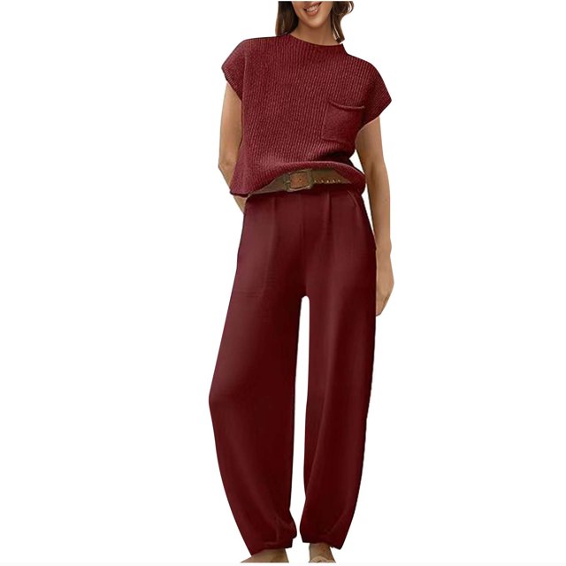 Timegard Lounge Sets for Women Cap Sleeve Crop Tops Cinch Bottom Pants with Pockets Solid Color Loose Outfits