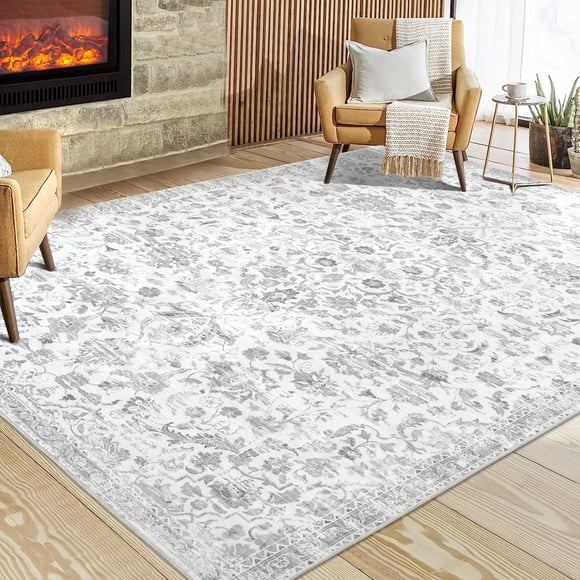 HOMERRY Washable Area Rug 5' x 7' Vintage Floral Area Rug for Living Room Bedroom Non-Slip Accent Rug, Gray