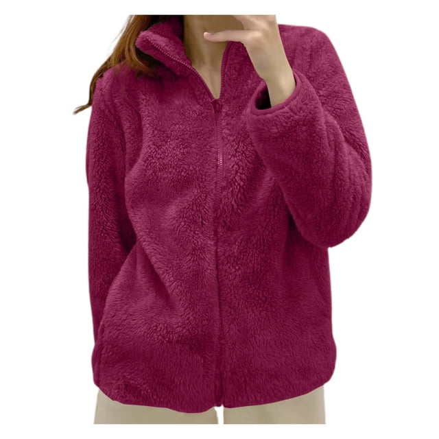 Kcodviy Women's Solid Color Fleece Jacket inside Pockets Jacket Collar Zip Up Fitted Fleece Jacket Women Cozy Outerwear