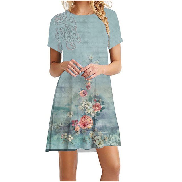 Cameland Robe d'Été pour Femme, Mode Bord de Mer, Décontractée, Imprimée, à Manches Courtes, à Col Rond