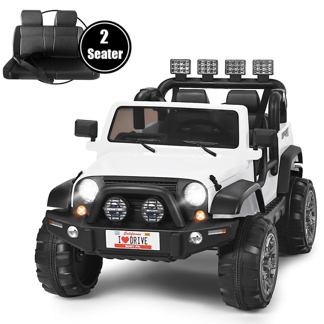 Costway 12V Kids Ride On Car 2 Seater Truck RC Electric Vehicle in white, designed as a powered ride-on toy with large anti-slip wheels, bright LED lights, and a sturdy front grille. Features two wide seats with safety belts, a remote control for parental guidance, and storage compartments in the back and front. Suitable for various terrains like wood floors, asphalt, and brick roads, offering a fun and safe driving experience.