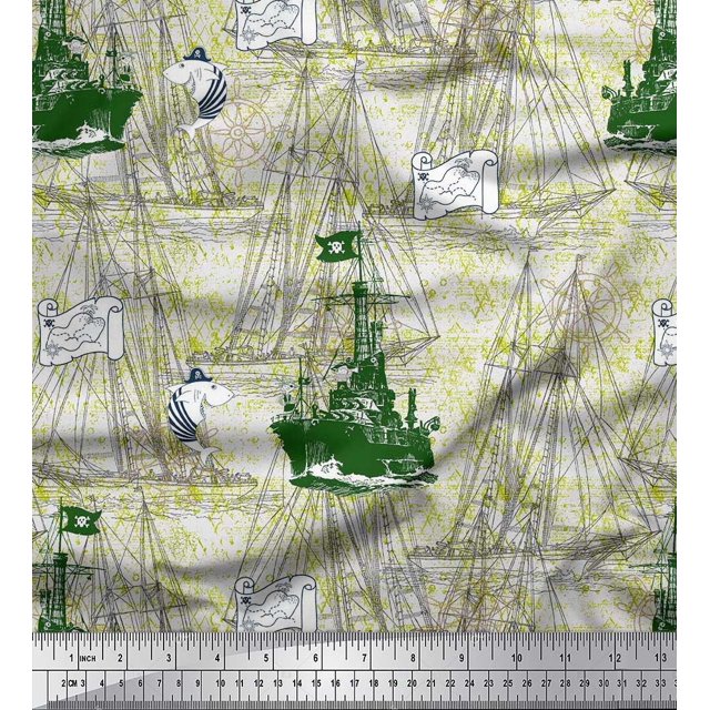 Soimoi Rayon Fabric Fish & Ship Ocean Printed Craft Fabric by the Yard 56 Inch Wide