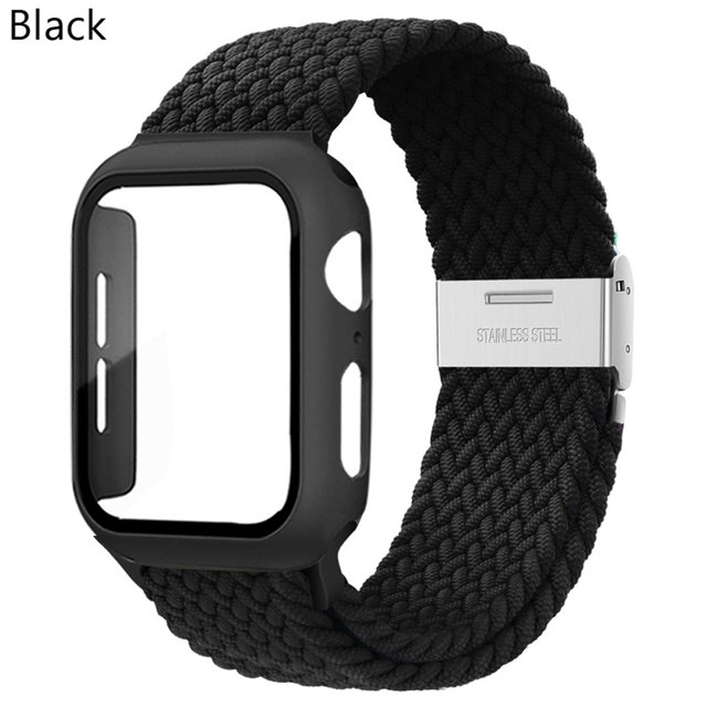 LEIXIUER Nylon Band for Apple Watch Bands with Case 38mm 42mm, Adjustable Braided Solo Loop with Glass Screen Protector Case ,Soft Wristband Stretch Nylon Elastic Strap for iWatch Series 3 2 1