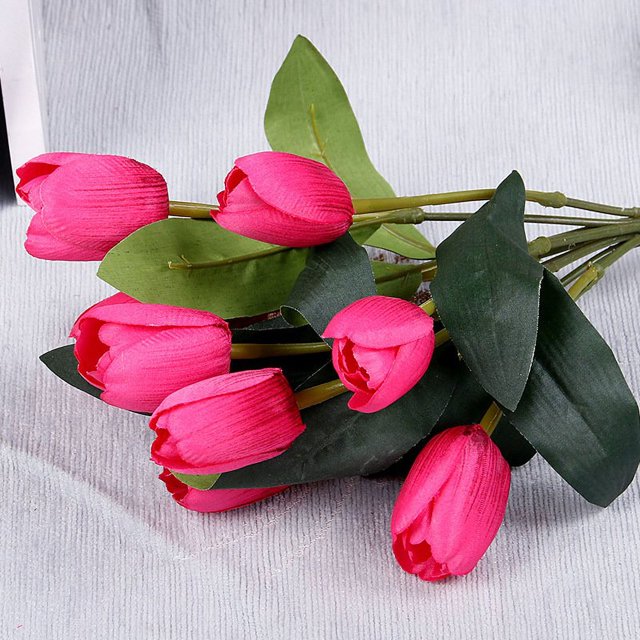 Fake Tulip Flower Lifelike 9 Heads Artificial Flower Decorative Bouquet for Home Decor(Rose Red)
