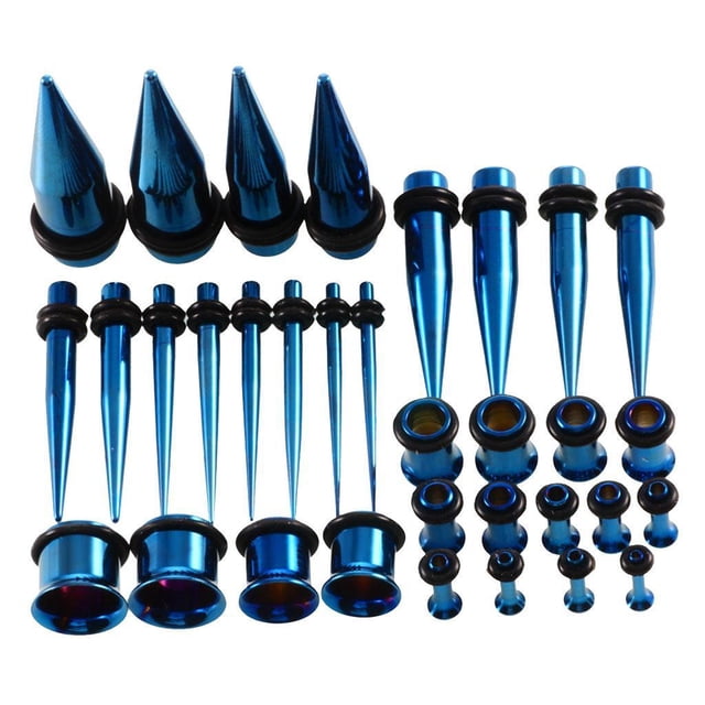 Ensemble de 36 Pcs de Bouchons d'Oreilles Punk Rock, Extenseurs Extensibles, Jauges, 14g-00g - Bleu Foncé