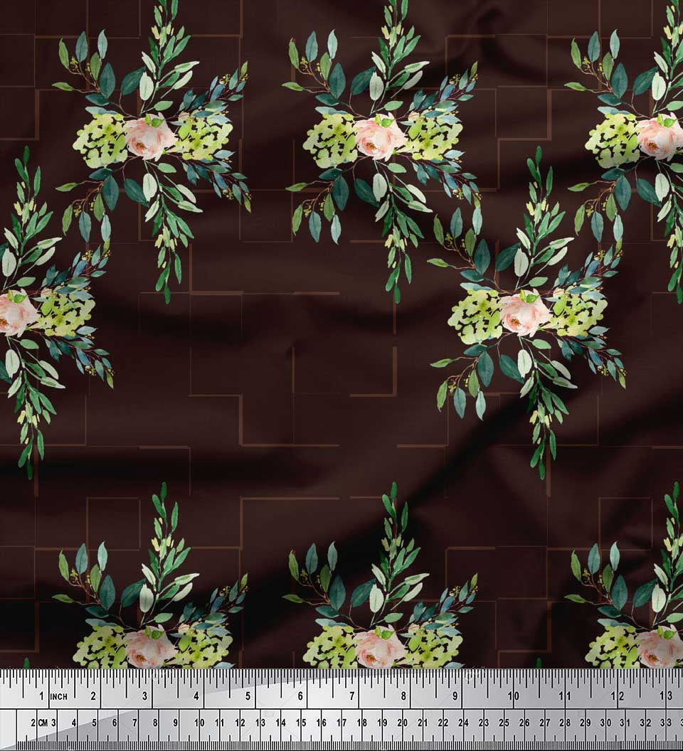 Soimoi Brown Silk Fabric Square & Leaves Printed Fabric 1 Yard 44 Inch Wide