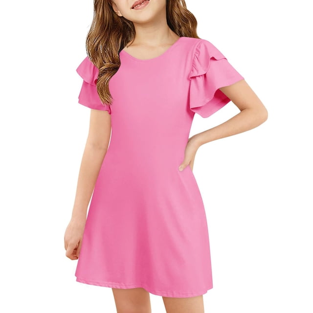 Robe d'Été pour Filles, Robe Trapèze à Volants, Robe Évasée pour Fille, Manches Courtes, Robe Rose pour Filles, Robe pour Fête de Thé