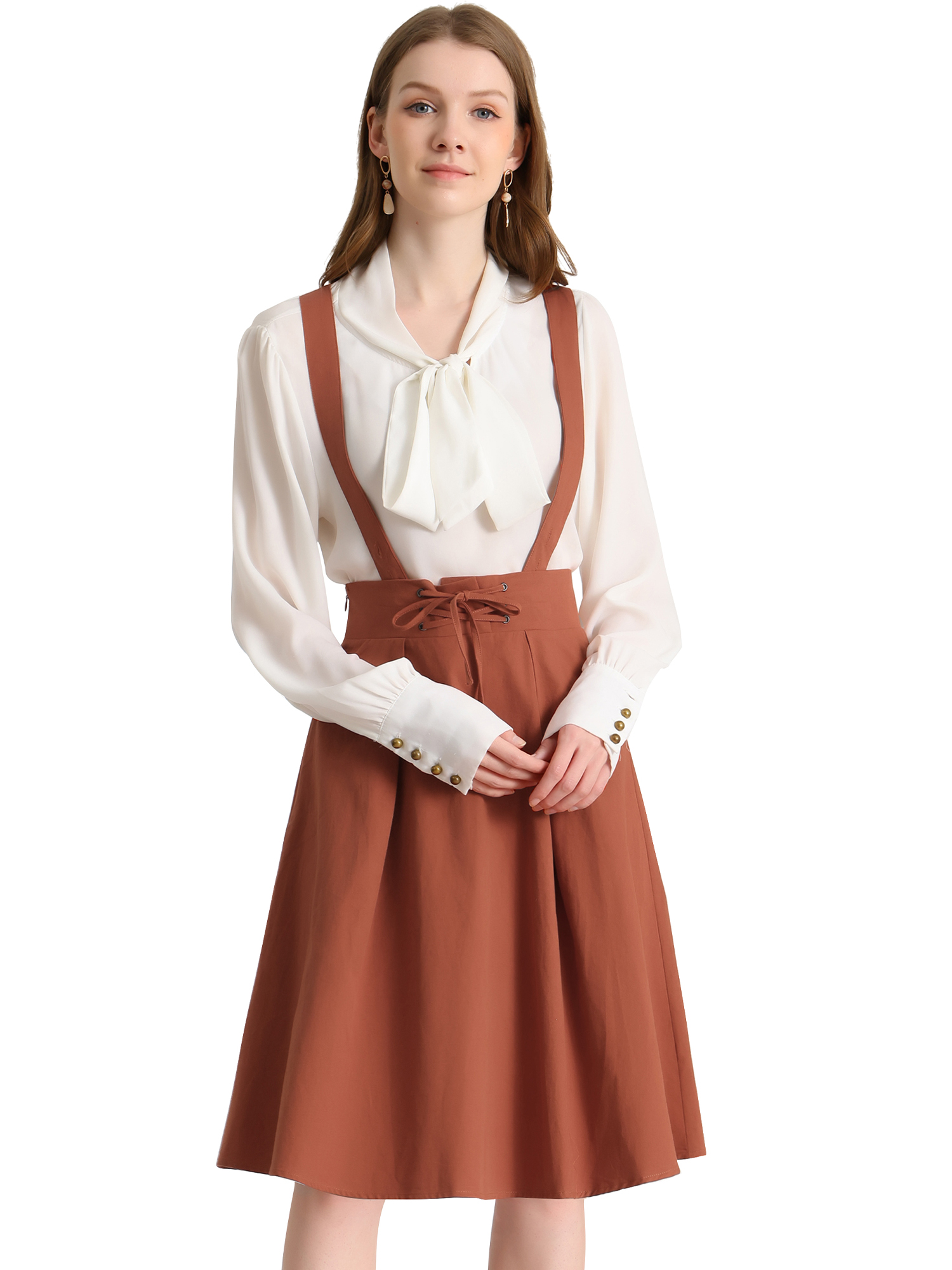 Unique Bargains Jupe Midi Plissée à Bretelles Rétro pour Femme à Taille Élastique avec Bretelles
