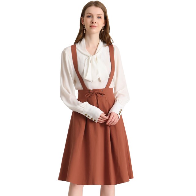 Unique Bargains Jupe Midi Plissée à Bretelles Rétro pour Femme à Taille Élastique avec Bretelles