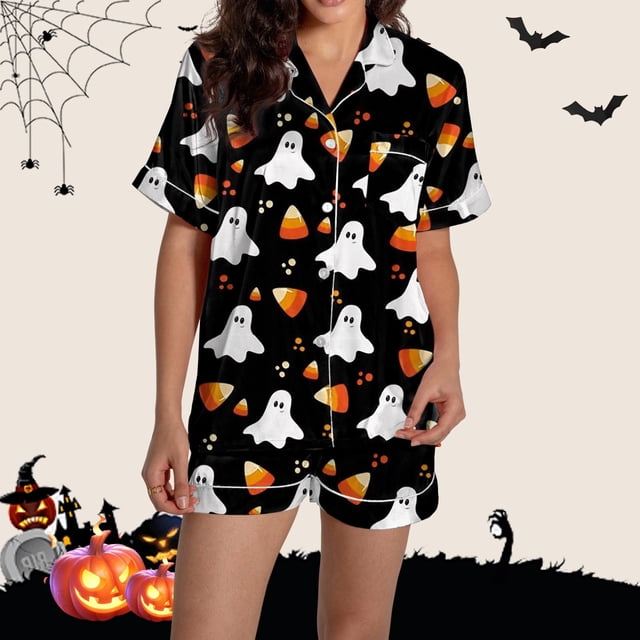 Pyjama pour Femmes en Satin Imprimé Graphique, Mignon, Tenue de Nuit, Boutons, Hauts à Manches Courtes, Ensembles de Shorts