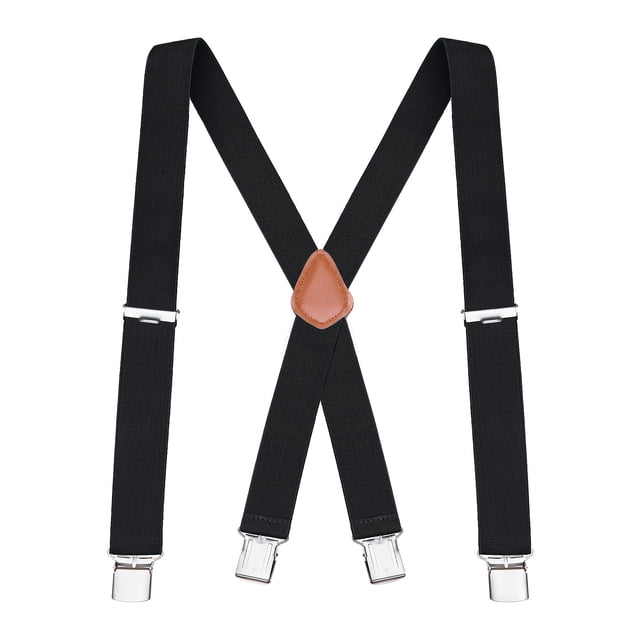 Buyless Fashion Bretelles pour Hommes avec Sangles Élastiques Ajustables de 48 Pouces au Dos en X. Ces Bretelles Noires Comportent des Sangles de 1 1/4 Pouce de Large, des Pinces Métalliques Robustes et un Patch Croisé en Cuir pour une Durabilité et un style Accrus. Convenant aux Pantalons, jeans et shorts, Elles Offrent un style Professionnel pour des occasions comme les Mariages, le Travail Ou les Événements Scolaires.