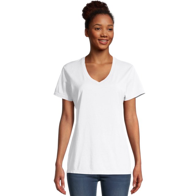 Hanes Tee-Shirt Col en V ComfortWash pour Femmes, 3TG, Blanc