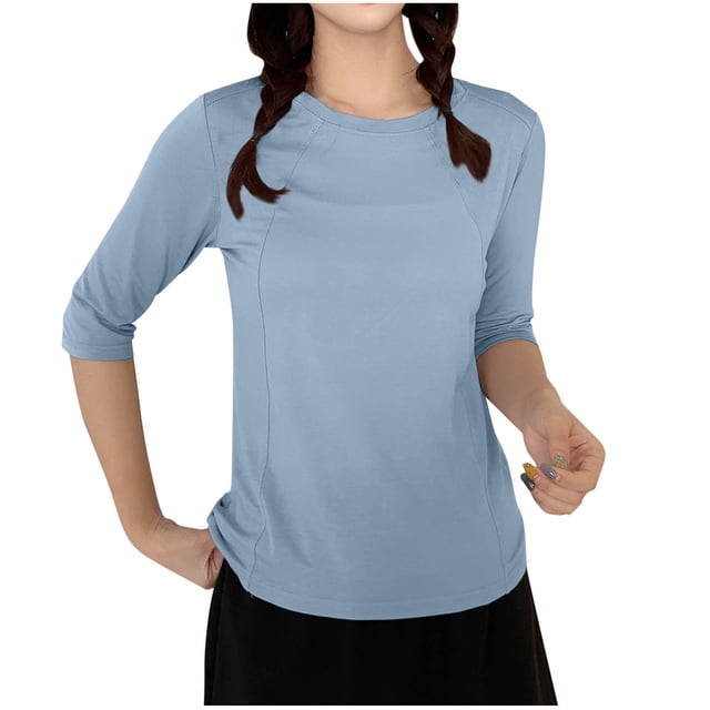 fatyb Chandails de Détente à Manches 3/4 pour Femmes Col Ras du Cou Amples et Confortables Blouses Chandail Décontracté de Tous les Jours T-Shirt de Pyjama