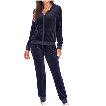 Mrat Womens 2 Piece Velour Tracksuit Two Piece Soft Velvet Zip Hooded Tops Drawsting Pants Outfits S-64 Navy XL