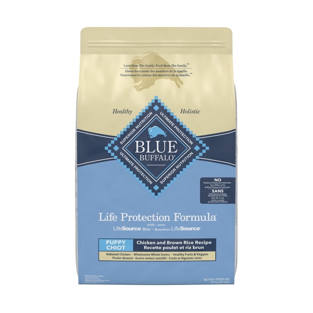 Visit the Blue Buffalo Store Blue Buffalo Life Protection Formula Puppy Dry Dog Food, Chicken & Brown Rice, 9.9 kg bag with beige and blue packaging featuring the Blue Buffalo logo and LifeSource Bits, formulated for healthy puppy growth with deboned chicken, whole grains, and no artificial preservatives.