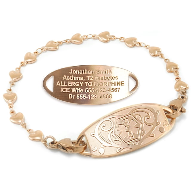 MedicEngraved Rose Gold Stainless Steel Custom Medical Alert Bracelet - 5mm Heart Link