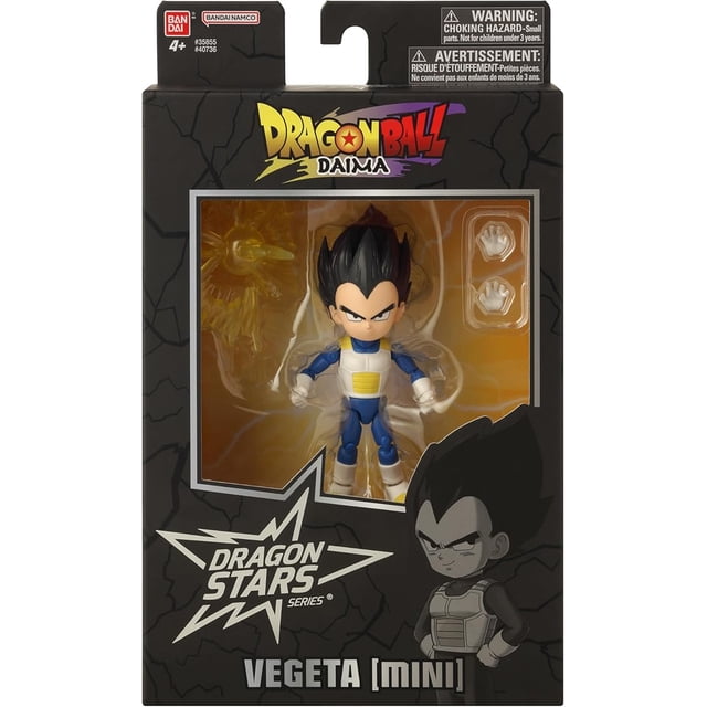 Dragon Ball Dragonball Daima Figurine Articulée de 5 Pouces Dragon Stars - Enfant Vegeta (Mini) en Emballage Noir avec logo Daima, Présentant une Figurine Articulée de 5 Pouces de l'Enfant Vegeta en Armure Bleue et Blanche, Cheveux Noirs à Pointes, Deux Mains Interchangeables Supplémentaires, et un Accessoire Énergie blast Translucide Jaune, Convient pour la Pose et l'Exposition.